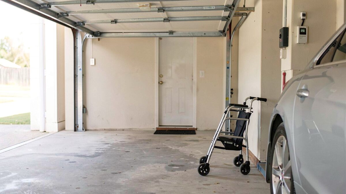 A single-car garage bay at mid-morning, a walker folded against the wall beside the driver door, clear concrete floor between the car and the interior door, sectional door tracks and a wall control visible in the frame.
