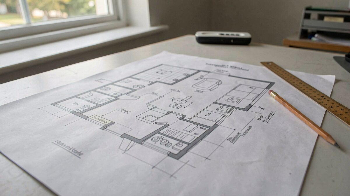 A printed dental office floor plan spread on a drafting table, a pencil and scale ruler resting on the operatory zone, morning light from a window across the paper.